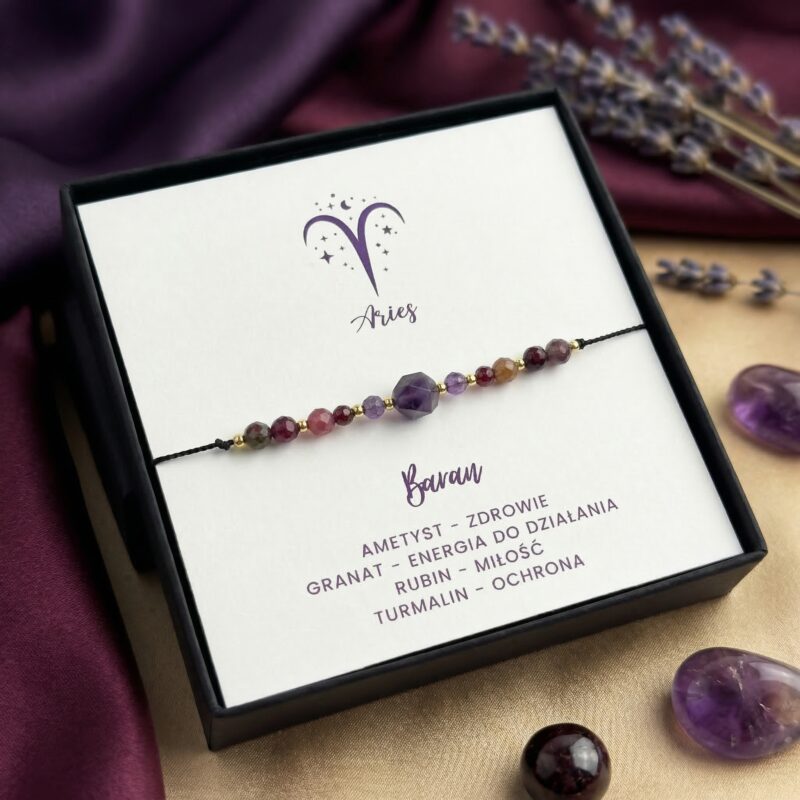 Bransoletka z kamieni naturalnych rubin granat ametyst dla znaku zodiaku baran