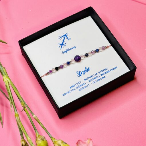 Bransoletka Znak Zodiaku Strzelec - ametyst, kryształ górski, sodalit