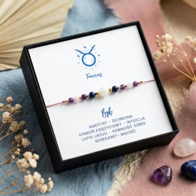 Bransoletka zodiakalna dla Byka ametyst lapis lazuli morganit kamień księżycowy pudełko prezentowe