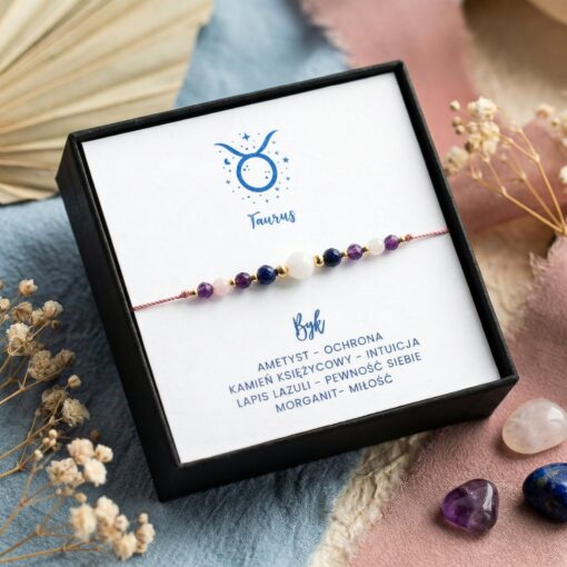 Bransoletka zodiakalna dla Byka ametyst lapis lazuli morganit kamień księżycowy pudełko prezentowe