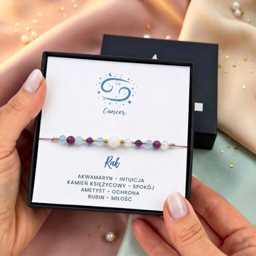 Alternative view of Bransoletka Zodiakalna: Rak – Akwamaryn, Kamień Księżycowy, Ametyst, Rubin