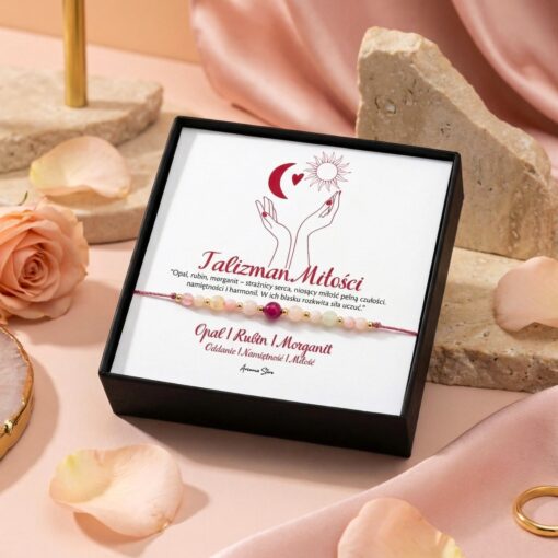 Talizman miłości bransoletka z kamieni opal rubin morganit na różowej nici z dedykacją