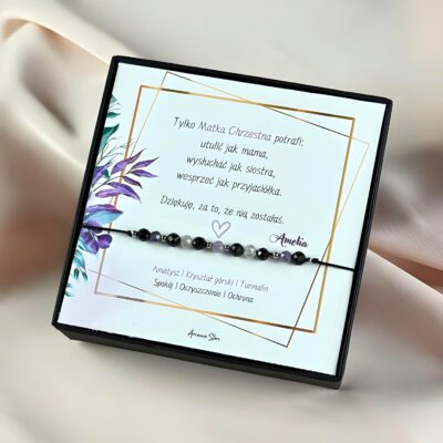 Bransoletka Podziękowanie dla Matki Chrzestnej - ametyst, czarny turmalin, kryształ górski