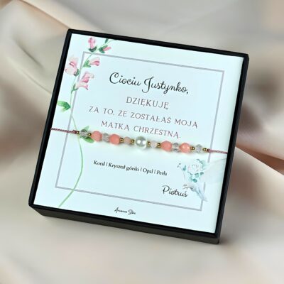 Bransoletka Podziękowanie dla Matki Chrzestnej - koral, kryształ górski, opal, perła
