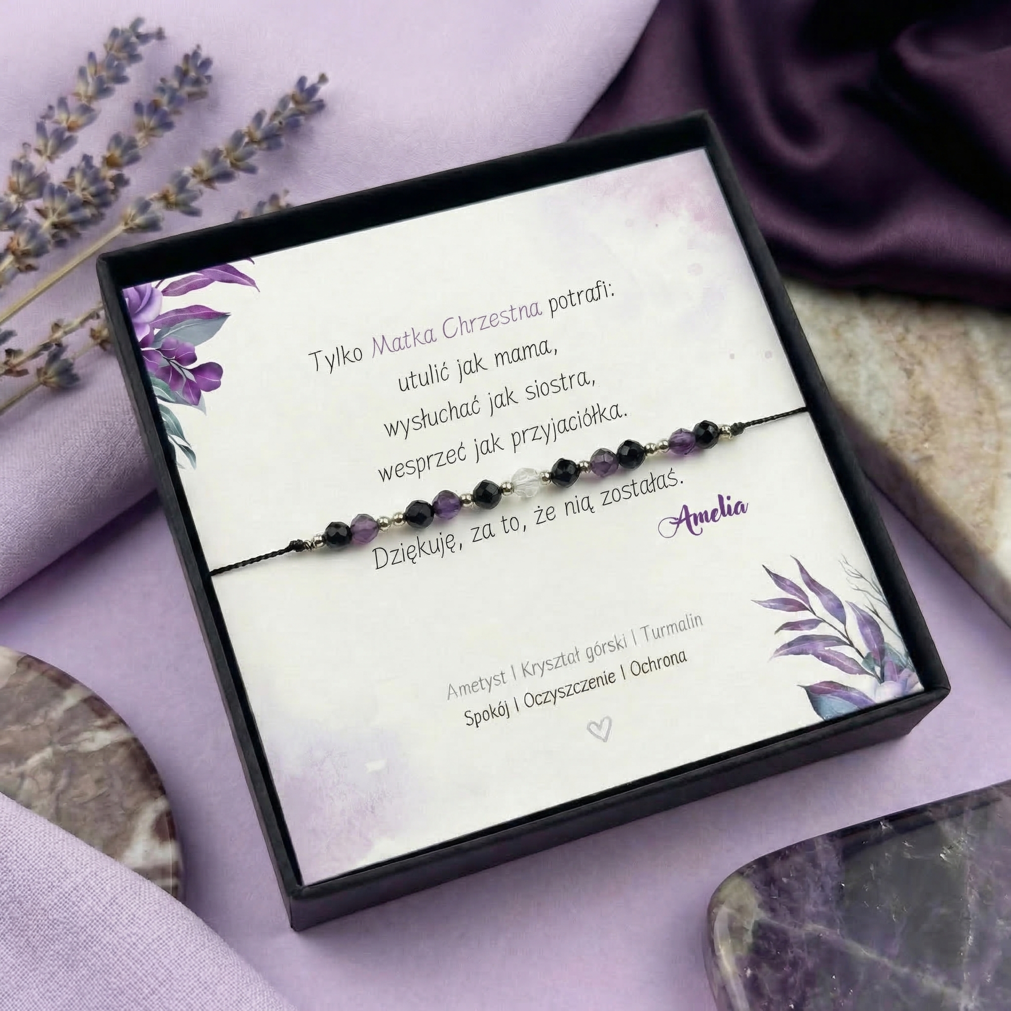 Personalizowana bransoletka podziękowanie dla Matki Chrzestnej ametyst kryształ górski turmalin z tekstem o mamie chrzestnej