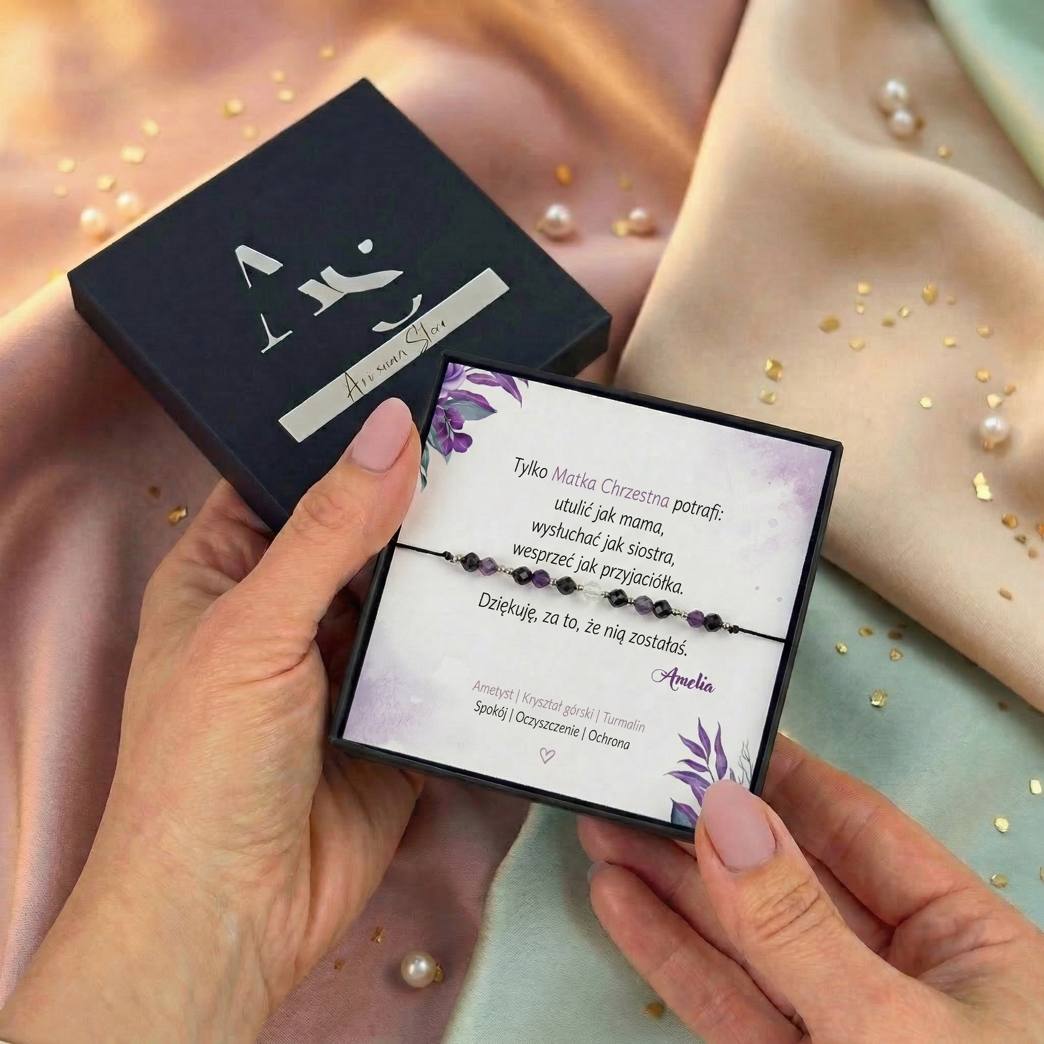 Podziękowanie dla Matki Chrzestnej – Bransoletka: Ametyst, Kryształ Górski, Turmalin - obrazek 2