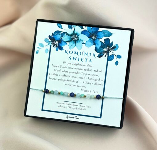 Bransoletka na Pierwszą Komunię Świętą - amazonit, akwamaryn, lapis lazuli