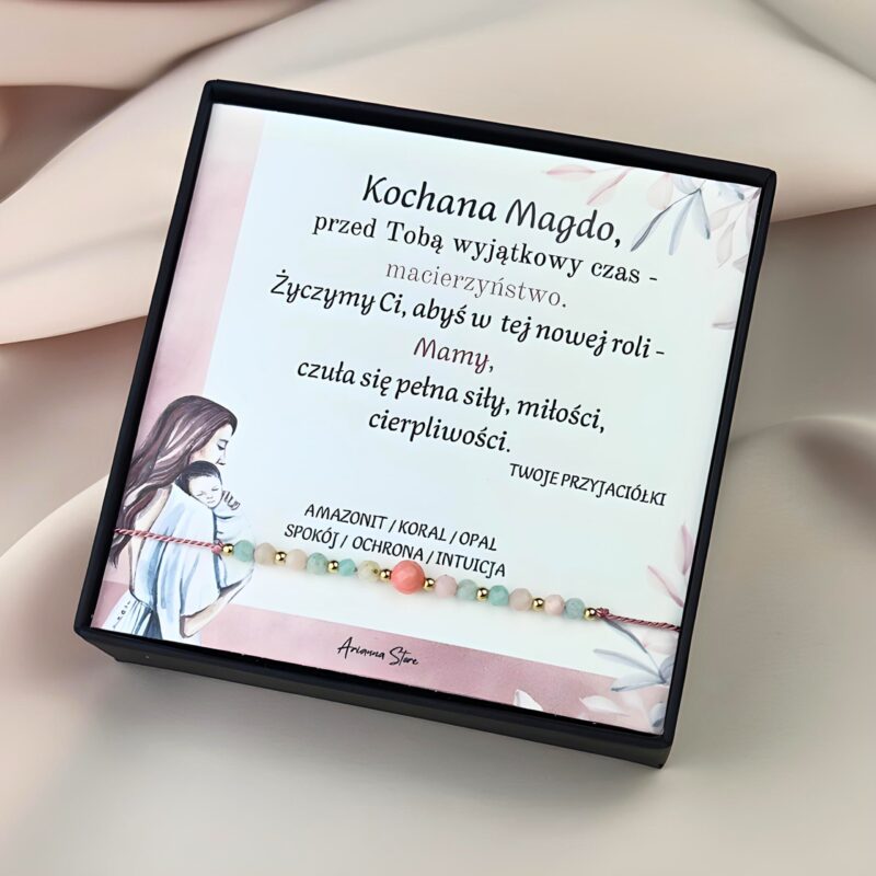 Personalizowana bransoletka na Baby Shower dla przyszłej mamy amazonit koral opal z dedykacją i imieniem