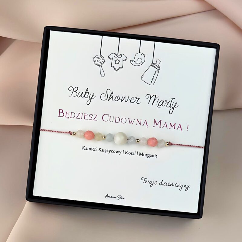 Bransoletka na Baby Shower dla Przyszłej Mamy kamień księżycowy koral morganit z napisem Będziesz cudowną mamą
