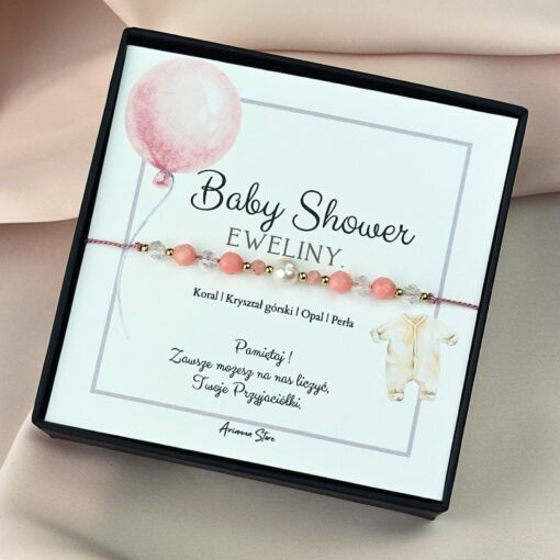 Bransoletka na Baby Shower - koral, kryształ górski, opal, perła