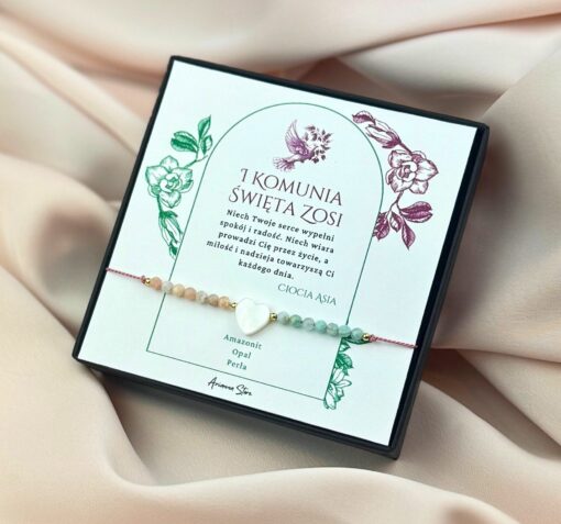 Bransoletka na Pierwszą Komunię Świętą - amazonit, opal, perła