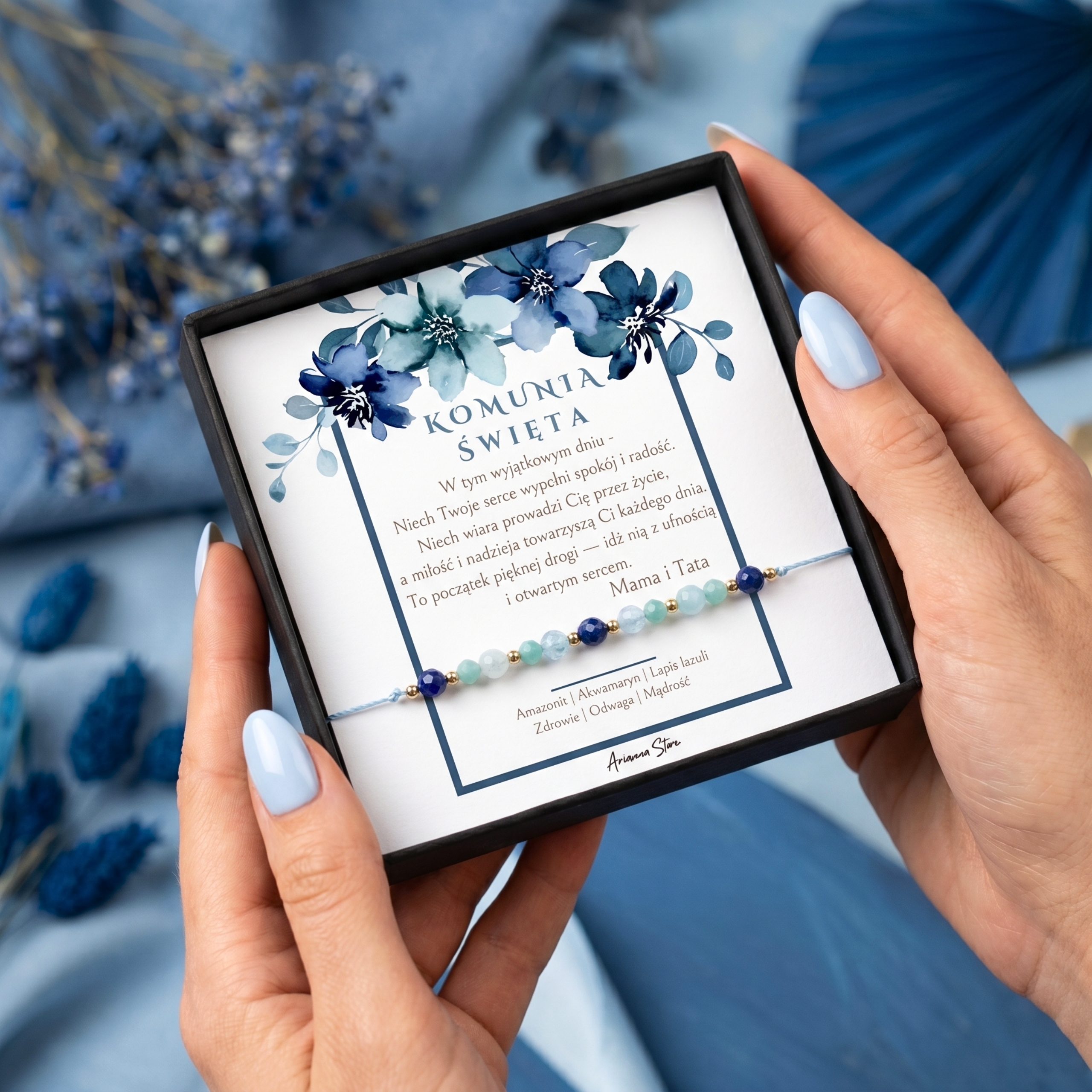 Pamiątka Komunii Świętej – Bransoletka: Lapis Lazuli, Amazonit, Akwamaryn - obrazek 2