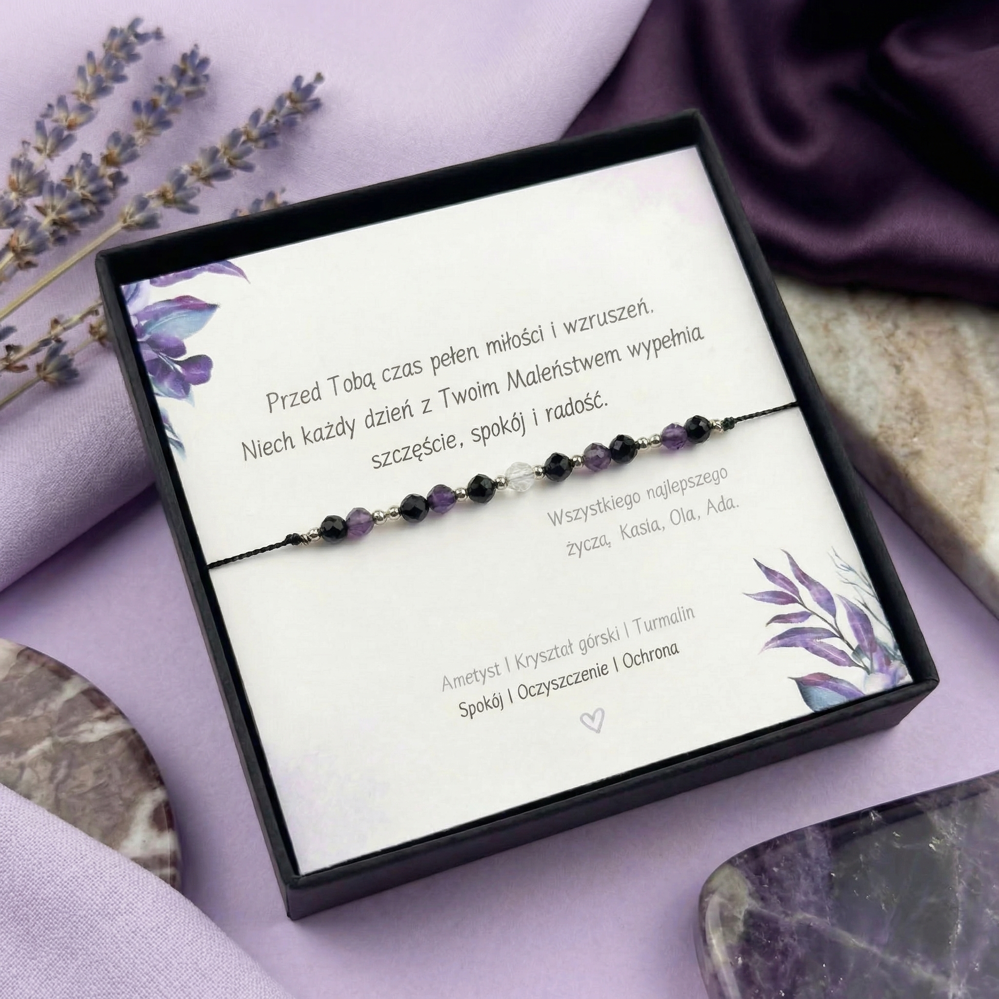 Bransoletka na Baby Shower dla mamy ametyst turmalin kryształ górski z dedykacją od przyjaciółek