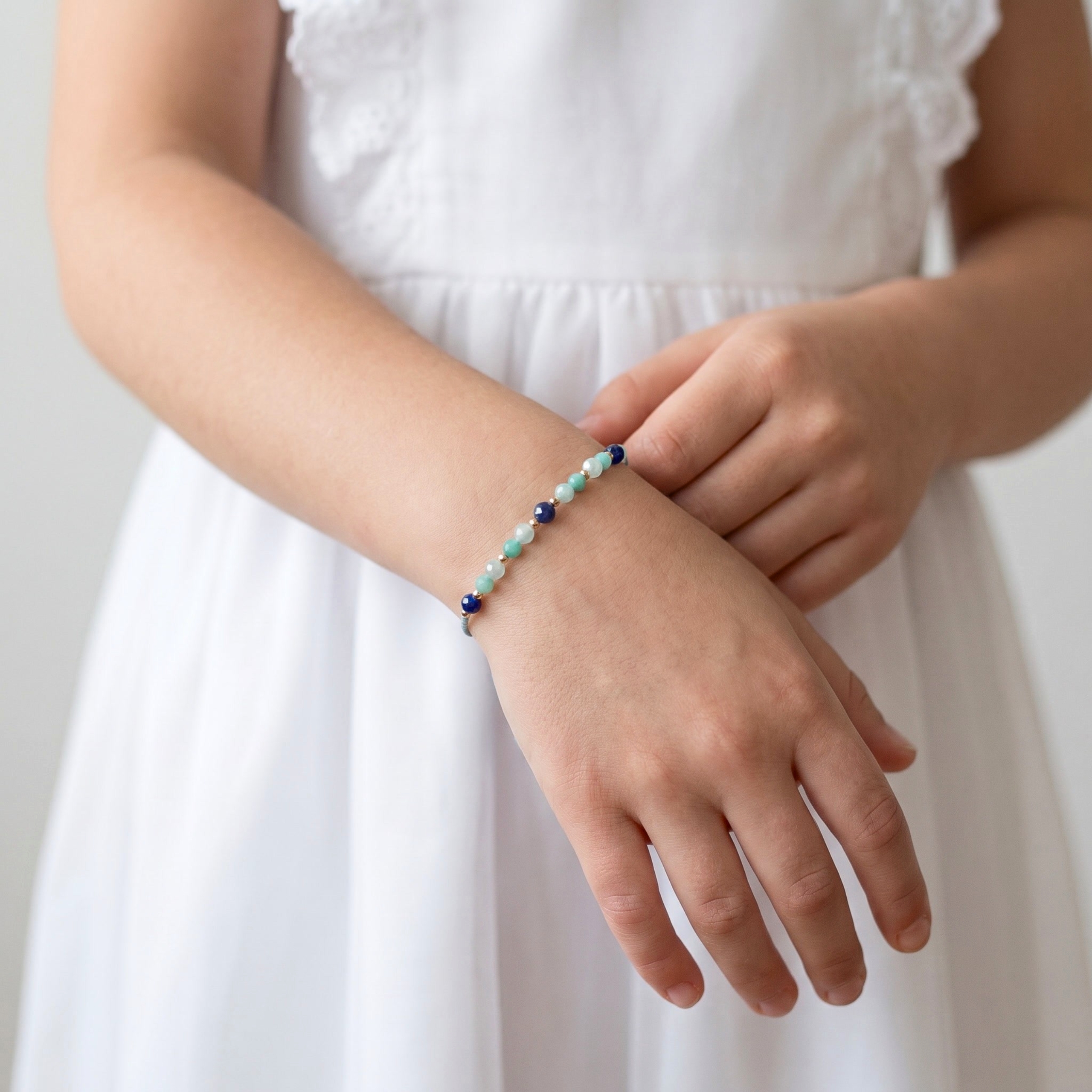 Pamiątka Komunii Świętej – Bransoletka: Lapis Lazuli, Amazonit, Akwamaryn - obrazek 3