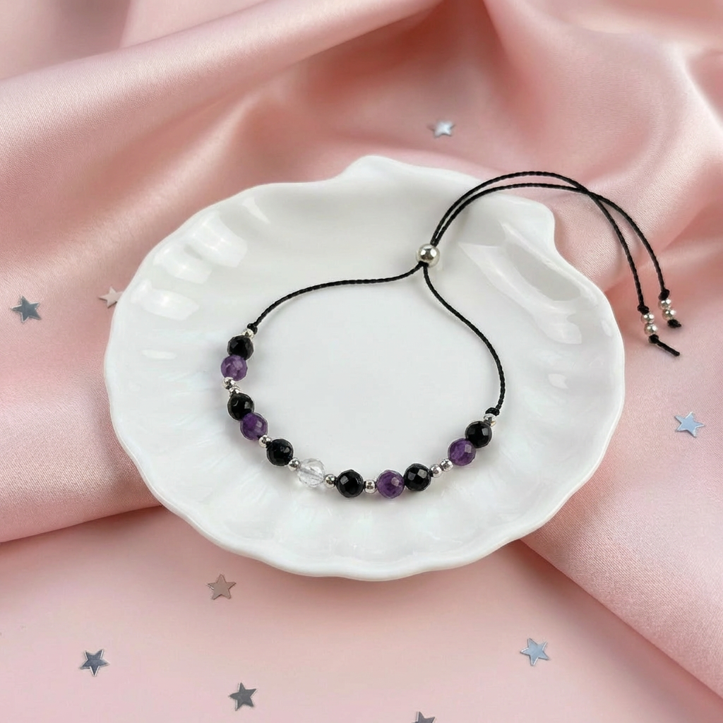 Bransoletka czarny turmalin, kryształ górski ametyst