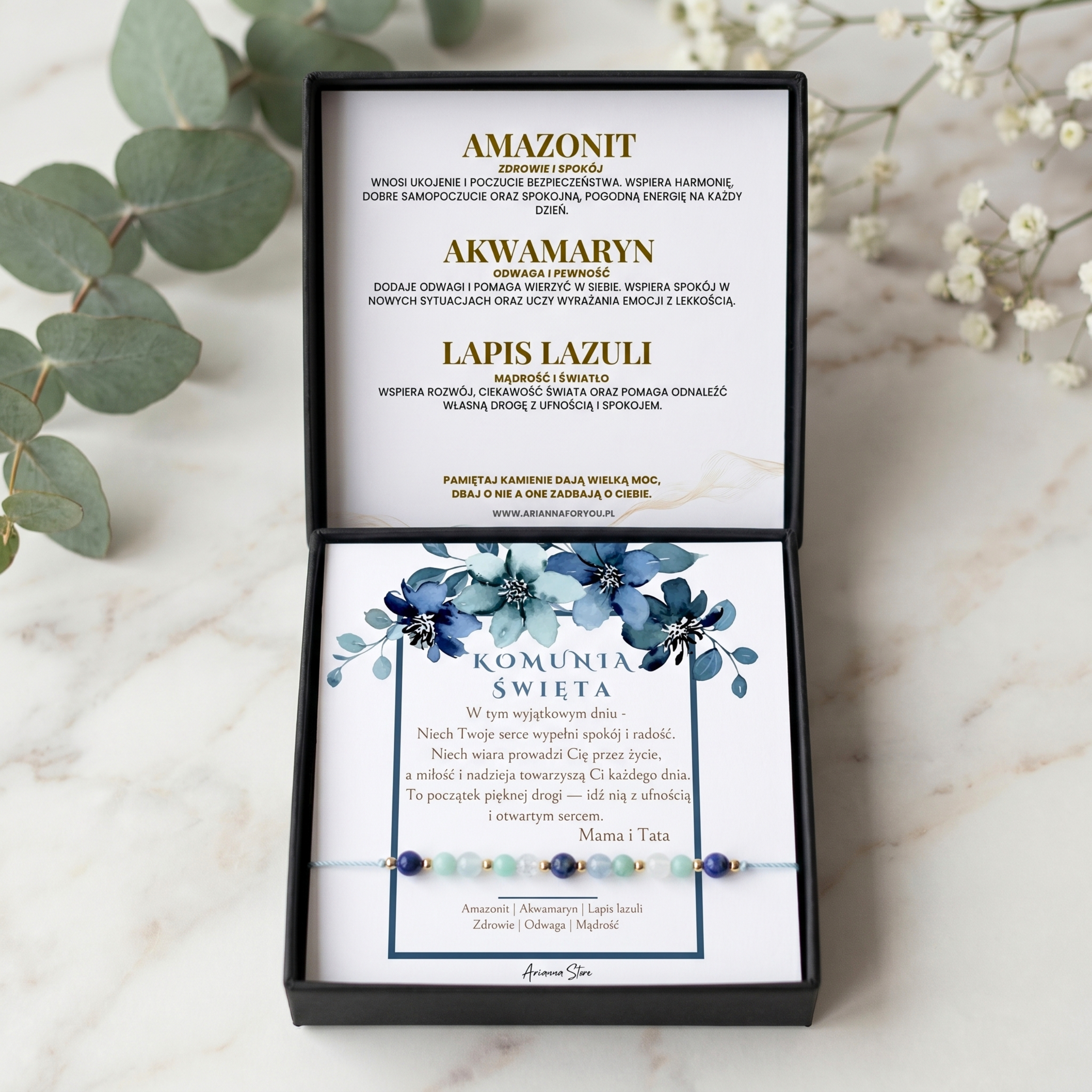 Pamiątka Komunii Świętej – Bransoletka: Lapis Lazuli, Amazonit, Akwamaryn - obrazek 8