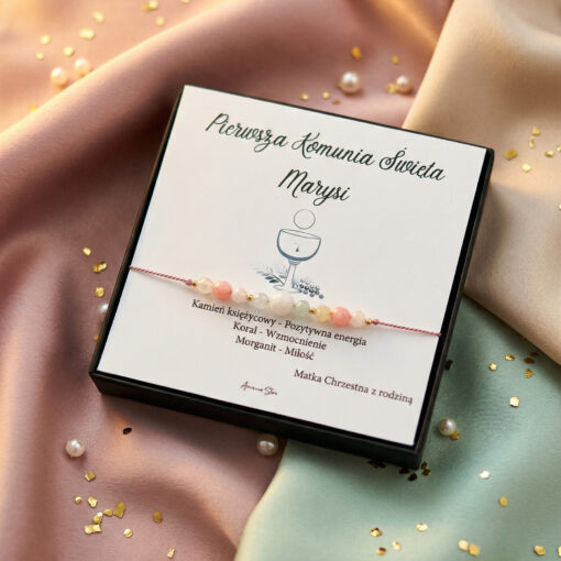 Bransoletka pamiątka Pierwszej Komunii Świętej dla dziewczynki kamień księżycowy morganit koral personalizowana.