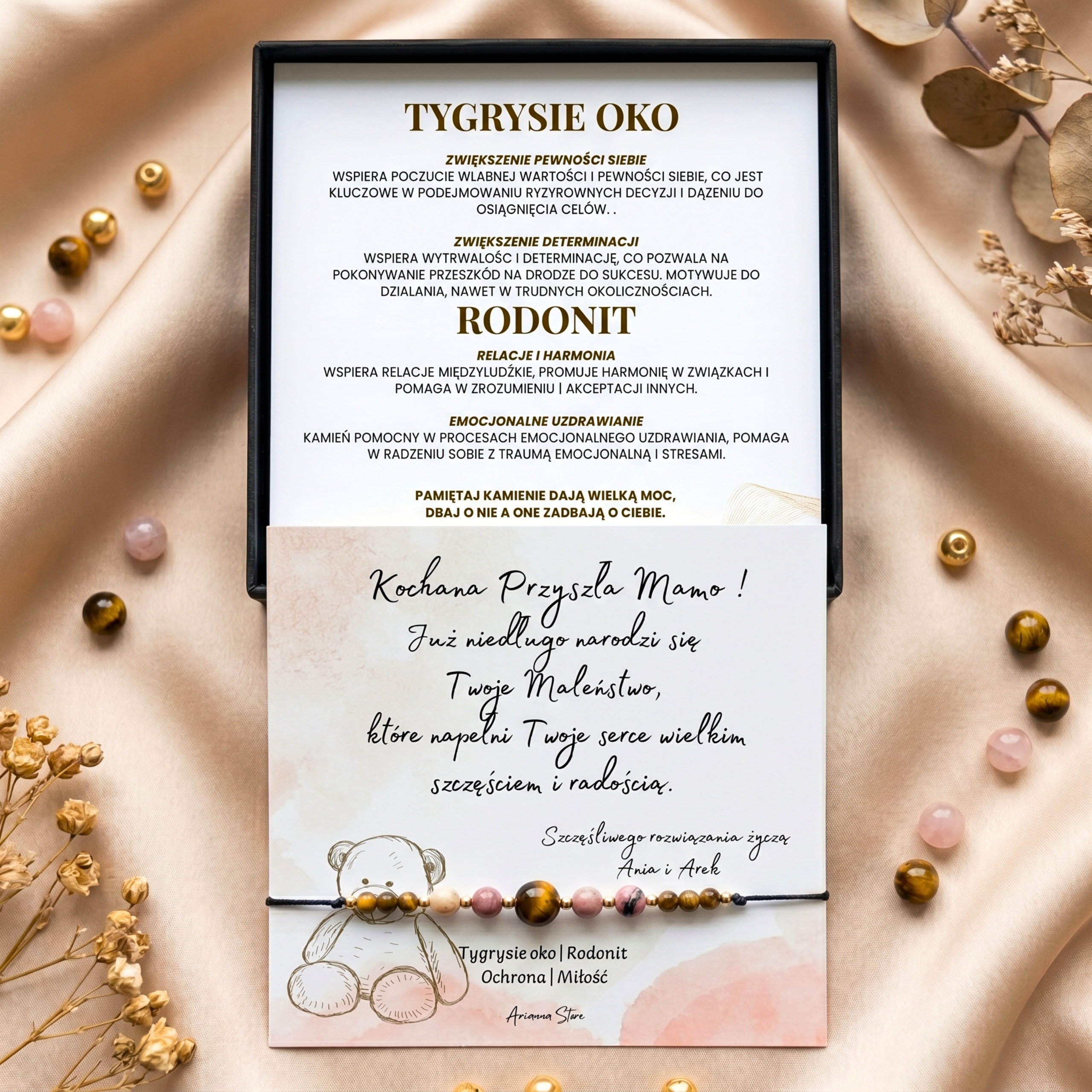 Prezent dla Przyszłej Mamy – Bransoletka: Tygrysie Oko, Rodonit – Talizman Ochrony i Miłości - obrazek 8