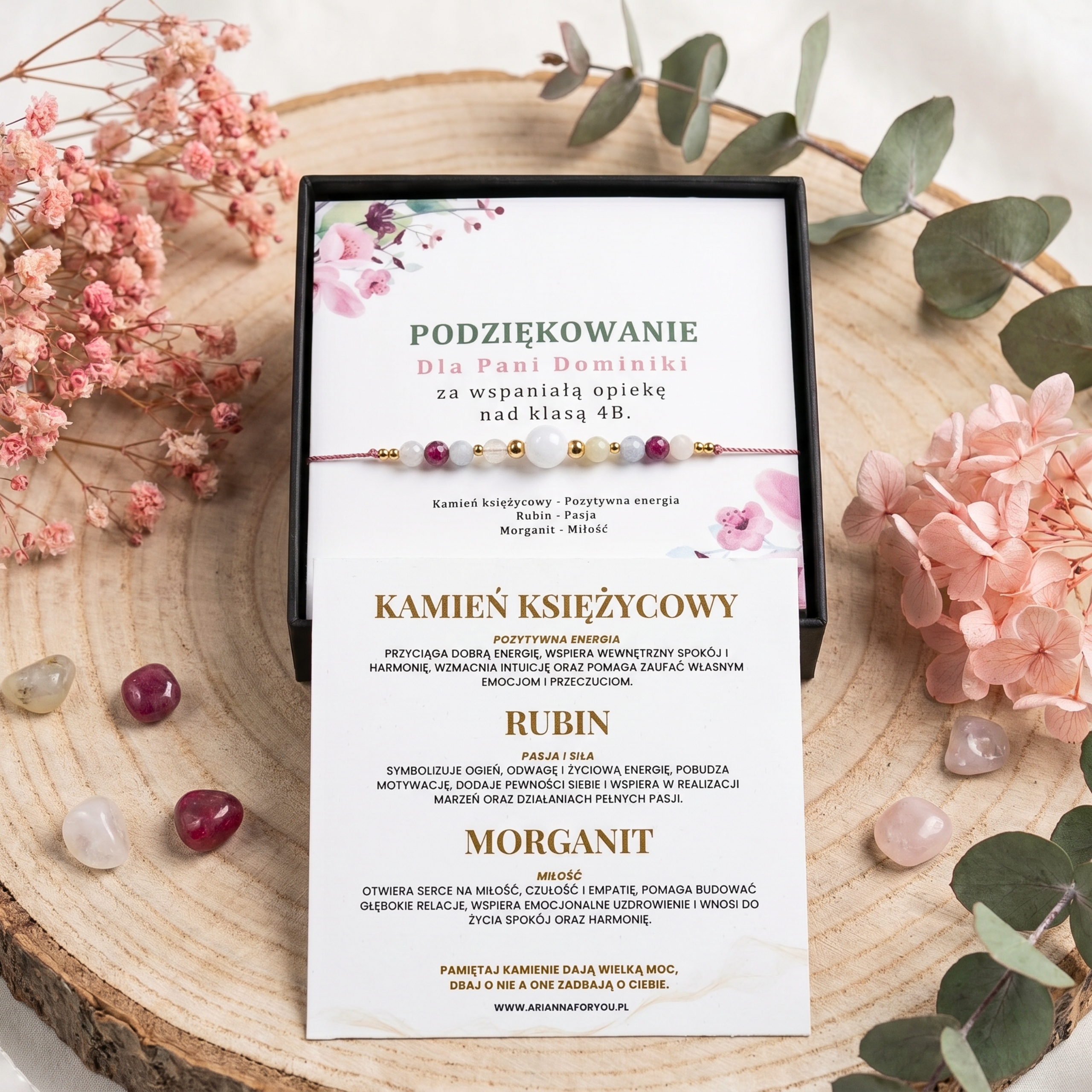 Prezent dla Nauczyciela – Podziękowanie: Bransoletka Kamień księżycowy, Morganit, Rubin - obrazek 8