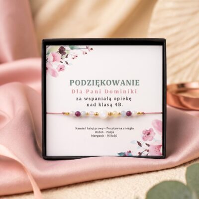 Prezent dla Nauczyciela – Podziękowanie: Bransoletka Kamień księżycowy, Morganit, Rubin