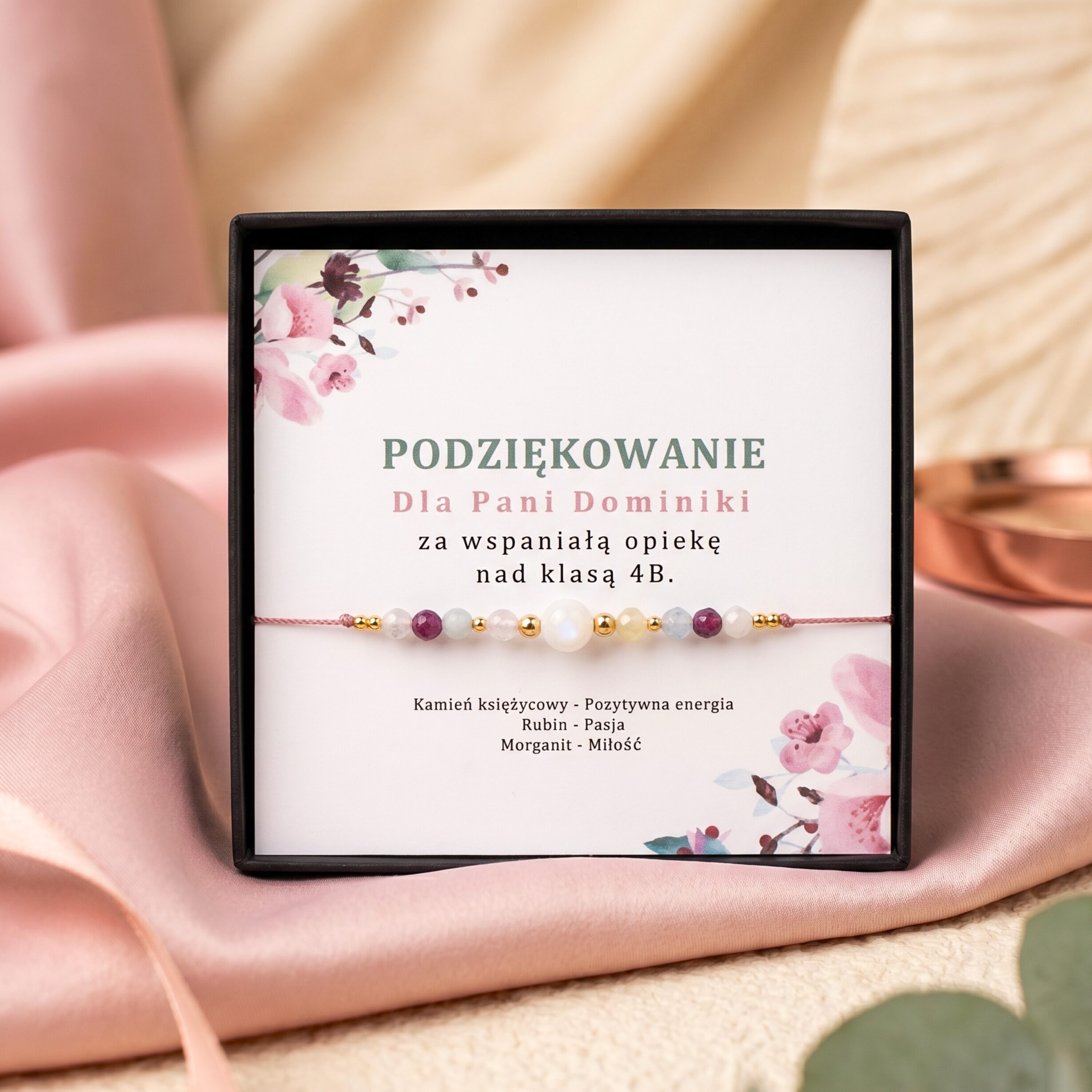 Prezent dla Nauczyciela – Podziękowanie: Bransoletka Kamień księżycowy, Morganit, Rubin