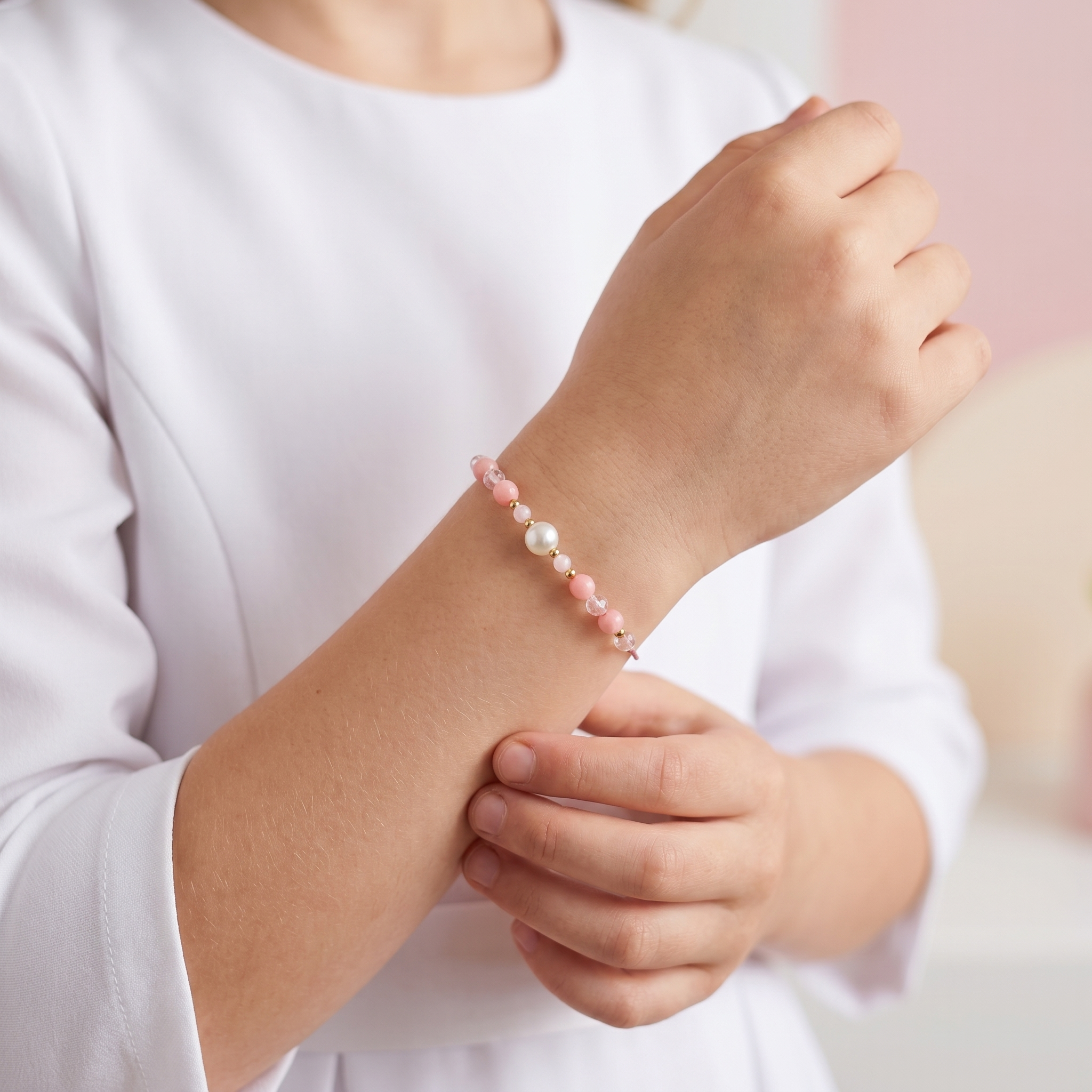 Pamiątka Pierwszej Komunii Świętej – Bransoletka: Perła, Koral, Opal, Kryształ Górski - obrazek 5