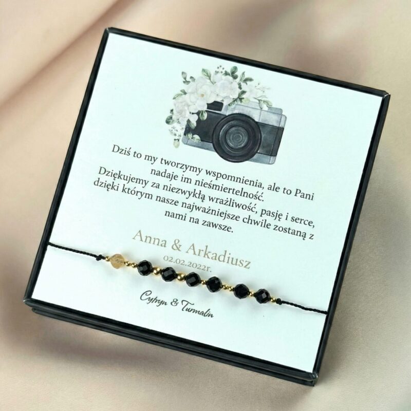 Prezent dla fotografa bransoletka z czarnym turmalinem i cytrynem pudełko z aparatem