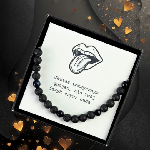 Męska Bransoletka Lawa i Agat – „Jesteś toksycznym gnojem, ale Twój język czyni cuda”