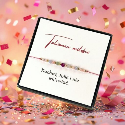 Bransoletka talizman miłości morganit opal rubin z napisem kochac tulic i nie wkurwiac