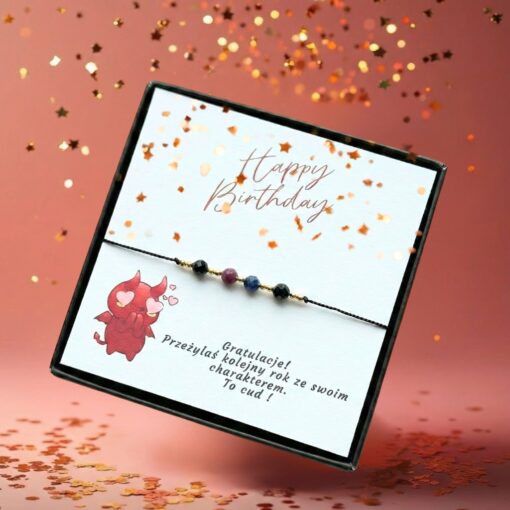 Bransoletka urodzinowa rubin lapis lazuli turmalin z napisem przezylas kolejny rok ze swoim charakterem