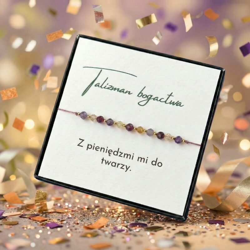 Bransoletka talizman bogactwa rubin ametyst cytryn z napisem z pieniędzmi mi do twarzy