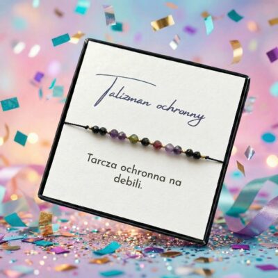 Bransoletka talizman ochronny czarny turmalin i ametyst napis tarcza ochronna na debili