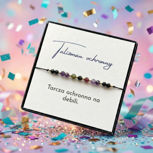 Bransoletka talizman ochronny czarny turmalin i ametyst napis tarcza ochronna na debili