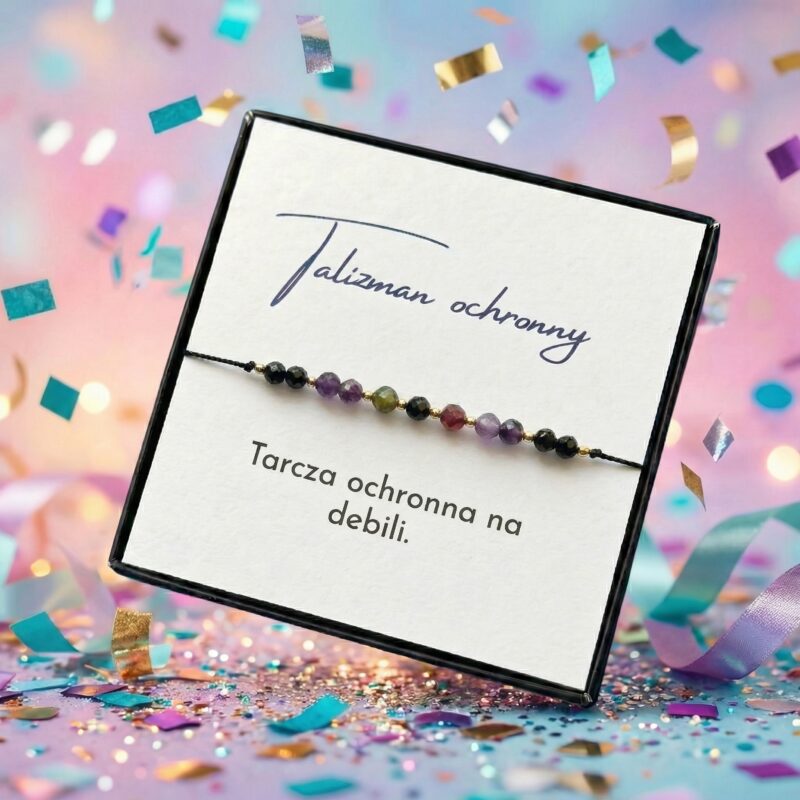 Bransoletka talizman ochronny czarny turmalin i ametyst napis tarcza ochronna na debili