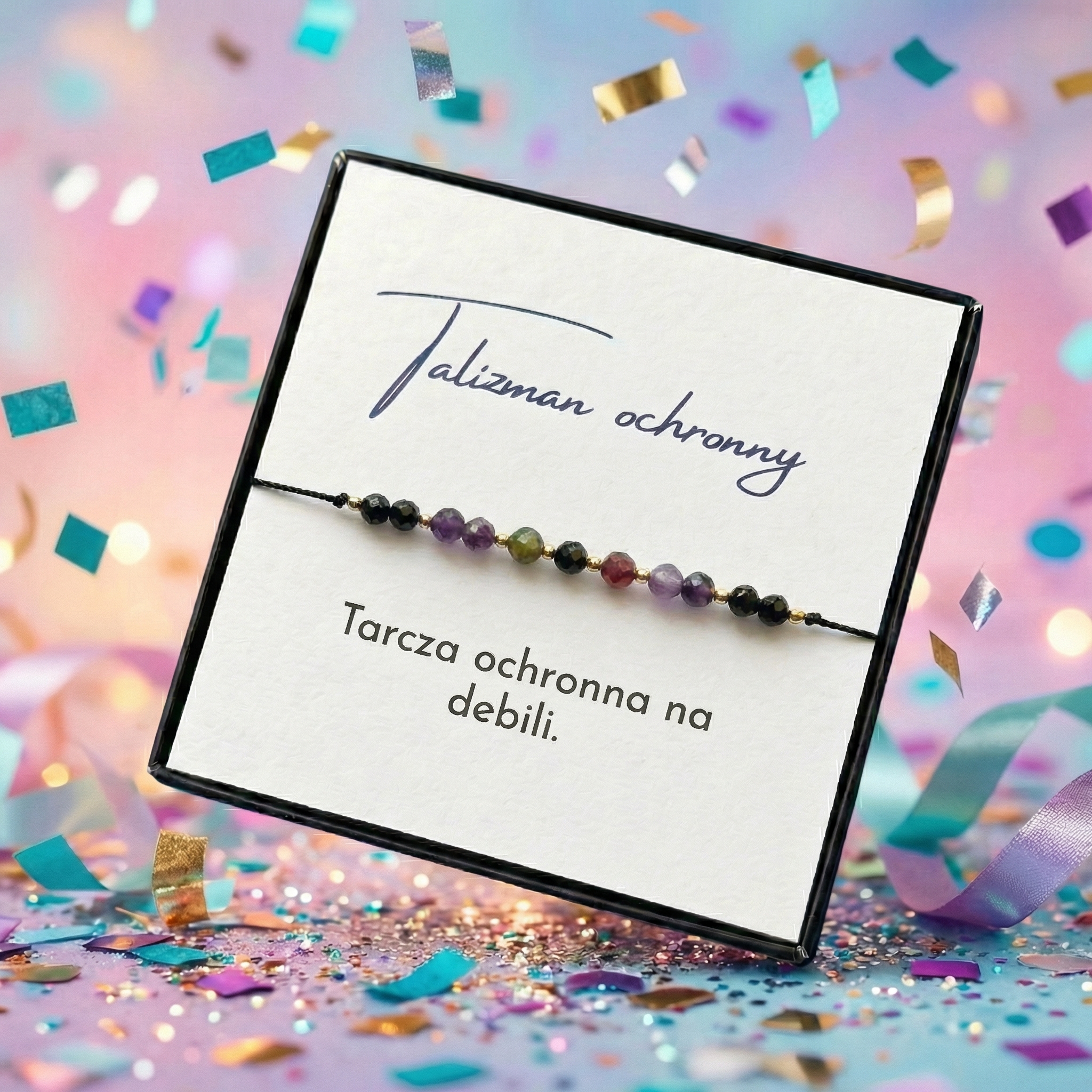 Bransoletka talizman ochronny czarny turmalin i ametyst napis tarcza ochronna na debili